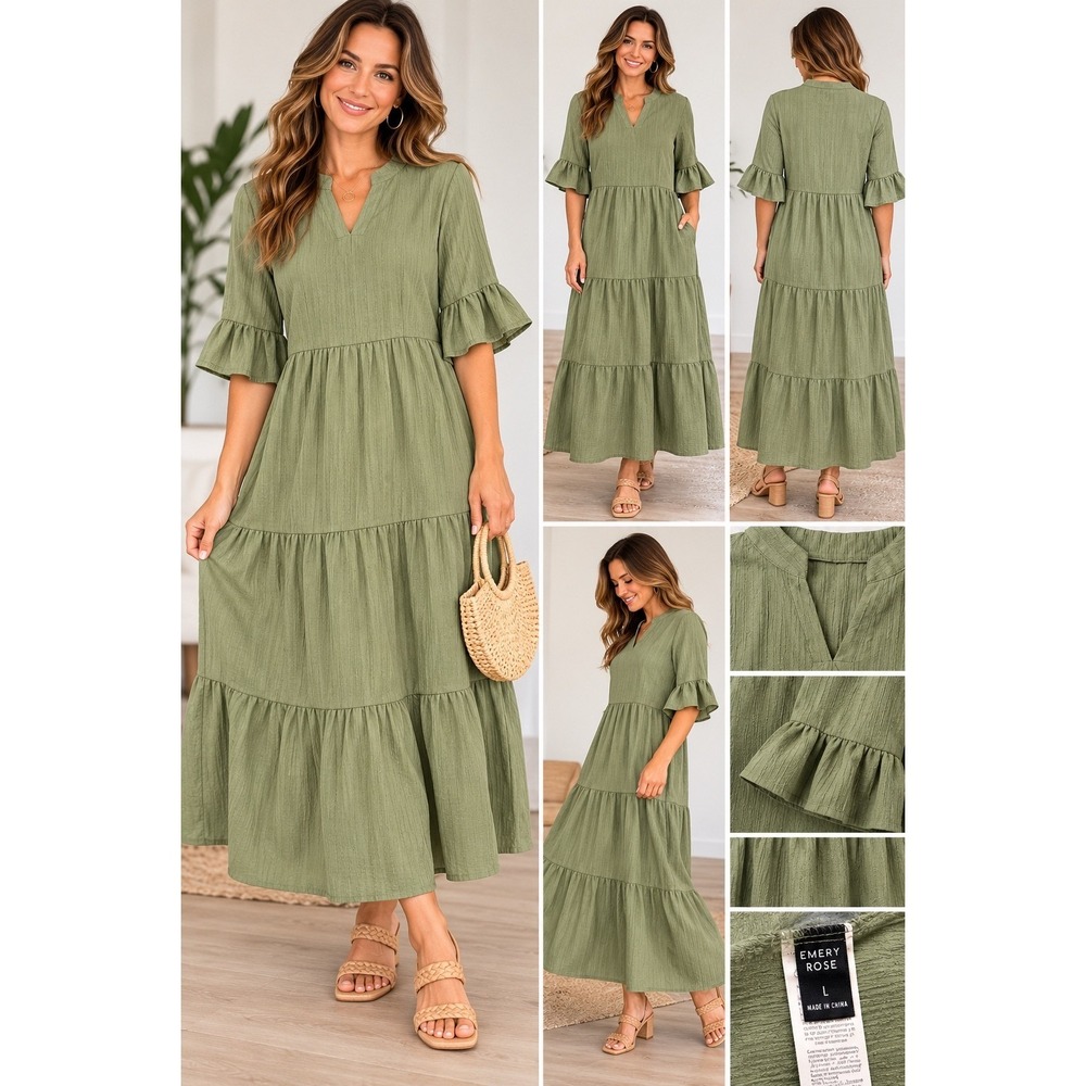 Emery Rose Sage Green Tiered Maxi Dress Split V-Neck Ruffle Sleeve Size L